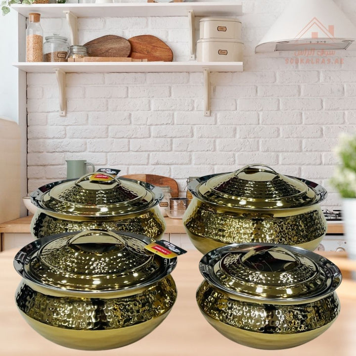 Najib Stainless Steel Hot Pot Set | Floral Engraved Design | Double Wall Insulated | Keeps Food Hot for Hours - Souk Al Ras