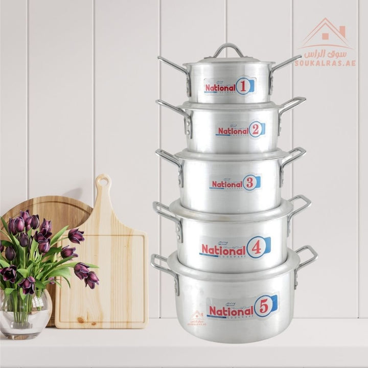 National 10 - Piece Aluminum Cookware Set | Durable Cooking Pots, perfect for everyday meals and family cooking - Souk Al Ras