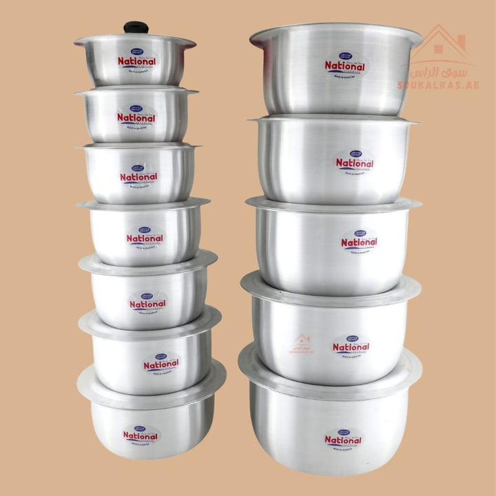 National Aluminum Cookware Set 24 Pieces | 12 Pots with 12 Lids | Sizes 18cm to 32cm | Durable & Heavy - Duty - Souk Al Ras