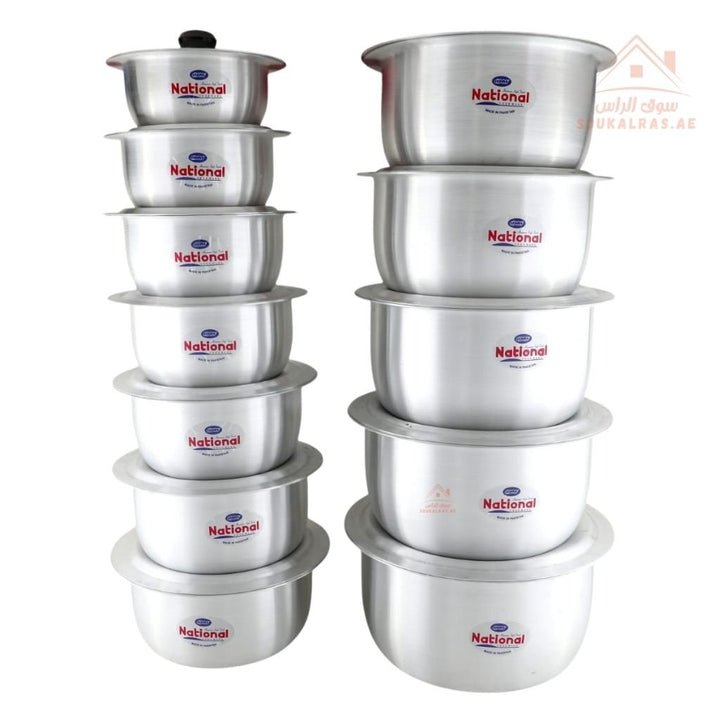 National Aluminum Cookware Set 24 Pieces | 12 Pots with 12 Lids | Sizes 18cm to 32cm | Durable & Heavy - Duty - Souk Al Ras