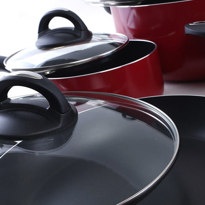 Non - Stick Cookware Set - Red Induction Pans with Toughened Glass Lids 16Pcs - Souk Al RasCookware Sets