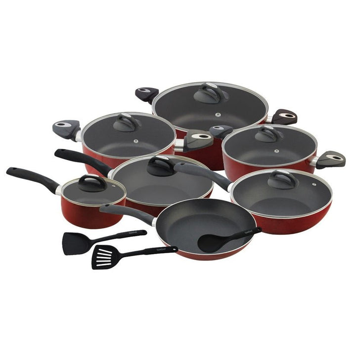 Non - Stick Cookware Set - Red Induction Pans with Toughened Glass Lids 16Pcs - Souk Al RasCookware Sets