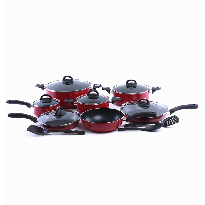 Non - Stick Cookware Set - Red Induction Pans with Toughened Glass Lids 16Pcs - Souk Al RasCookware Sets