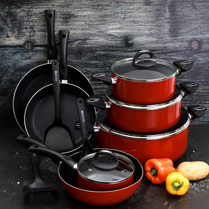 Non - Stick Cookware Set - Red Induction Pans with Toughened Glass Lids 16Pcs - Souk Al RasCookware Sets