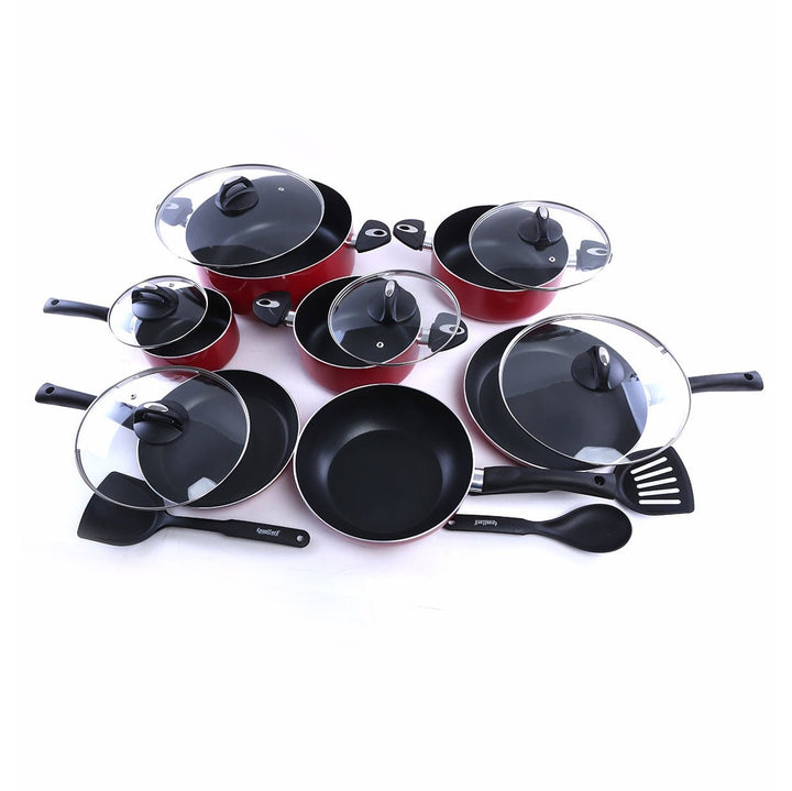 Non - Stick Cookware Set - Red Induction Pans with Toughened Glass Lids 16Pcs - Souk Al RasCookware Sets