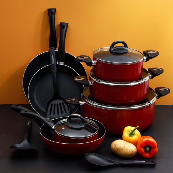 Non - Stick Cookware Set - Red Induction Pans with Toughened Glass Lids 16Pcs - Souk Al RasCookware Sets