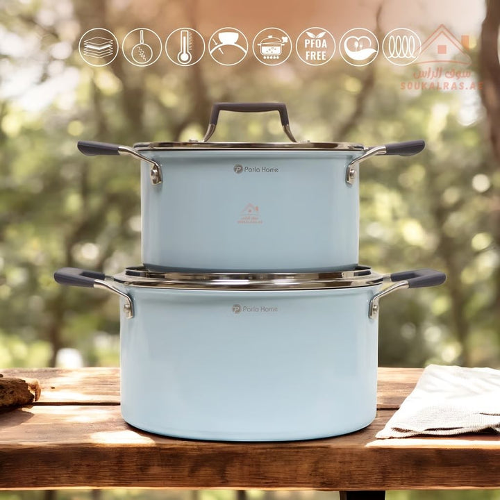 Nubira Series 9 - Piece Crystal Ceramic Cookware Set | Forged Aluminum | Blue Marble Non - Stick, Perfect heat distribution & elegant hammered design - Souk Al Ras