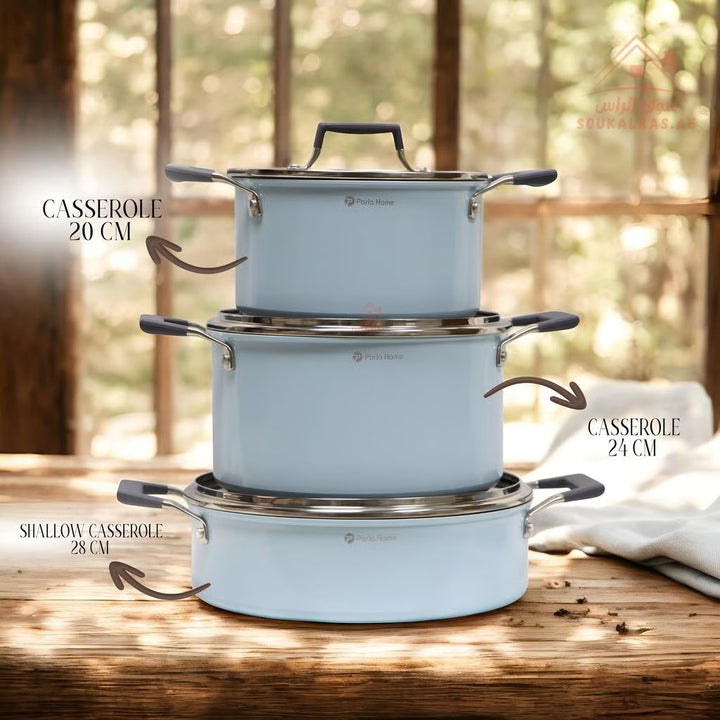 Nubira Series 9 - Piece Crystal Ceramic Cookware Set | Forged Aluminum | Blue Marble Non - Stick, Perfect heat distribution & elegant hammered design - Souk Al Ras