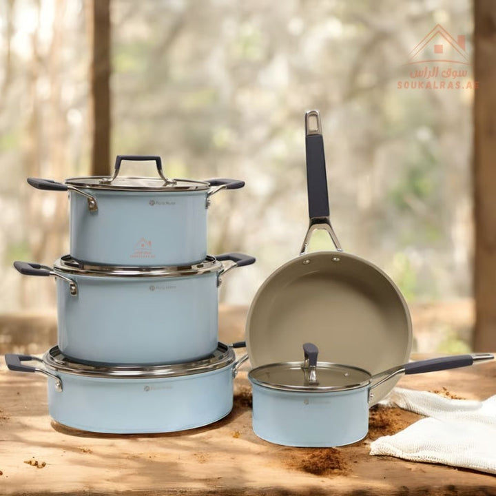 Nubira Series 9 - Piece Crystal Ceramic Cookware Set | Forged Aluminum | Blue Marble Non - Stick, Perfect heat distribution & elegant hammered design - Souk Al Ras