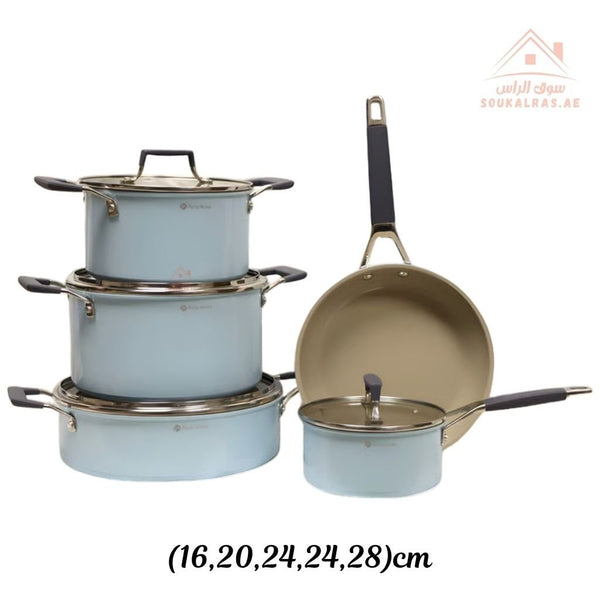 Nubira Series 9 - Piece Crystal Ceramic Cookware Set | Forged Aluminum | Blue Marble Non - Stick, Perfect heat distribution & elegant hammered design - Souk Al Ras