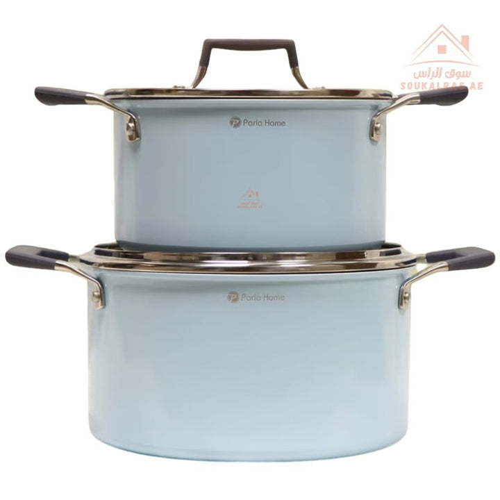 Nubira Series 9 - Piece Crystal Ceramic Cookware Set | Forged Aluminum | Blue Marble Non - Stick, Perfect heat distribution & elegant hammered design - Souk Al Ras