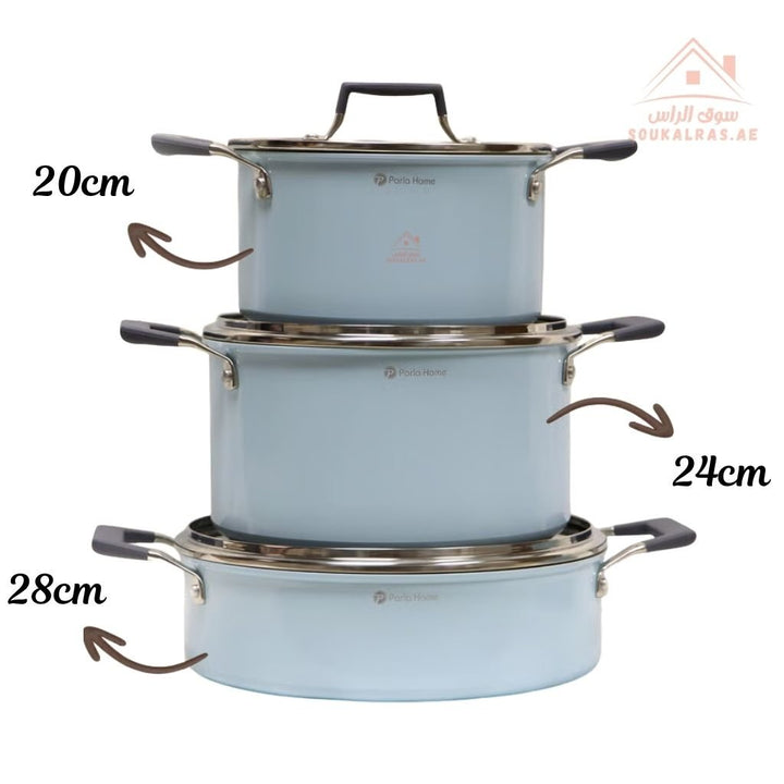 Nubira Series 9 - Piece Crystal Ceramic Cookware Set | Forged Aluminum | Blue Marble Non - Stick, Perfect heat distribution & elegant hammered design - Souk Al Ras