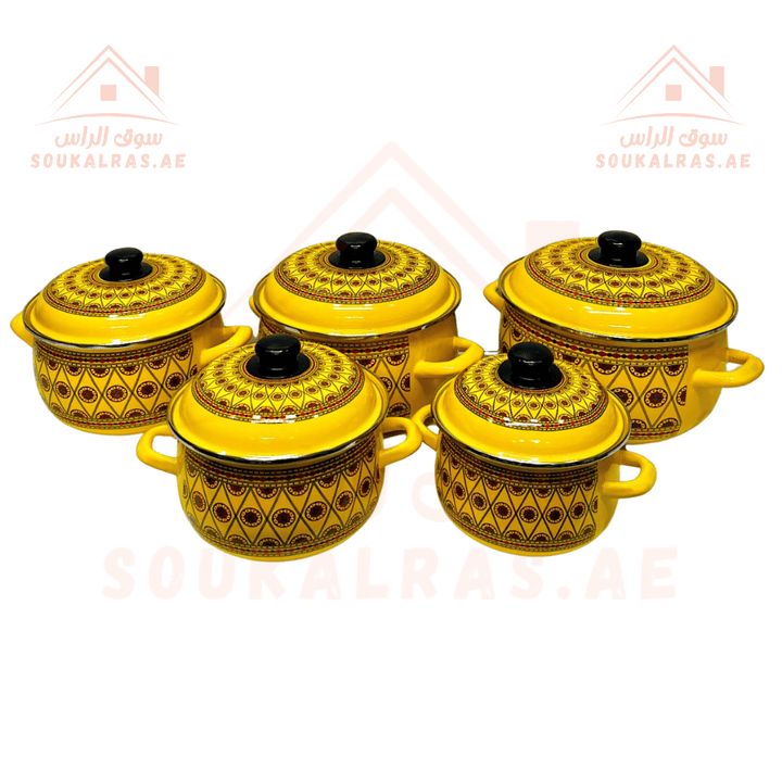 Omega 1 Cookware set with traditional designs - Set of 5 pots With Lids (18 - 20 - 22 - 24 - 26) cm - Enamel Non - Stick Coating - Souk Al Ras