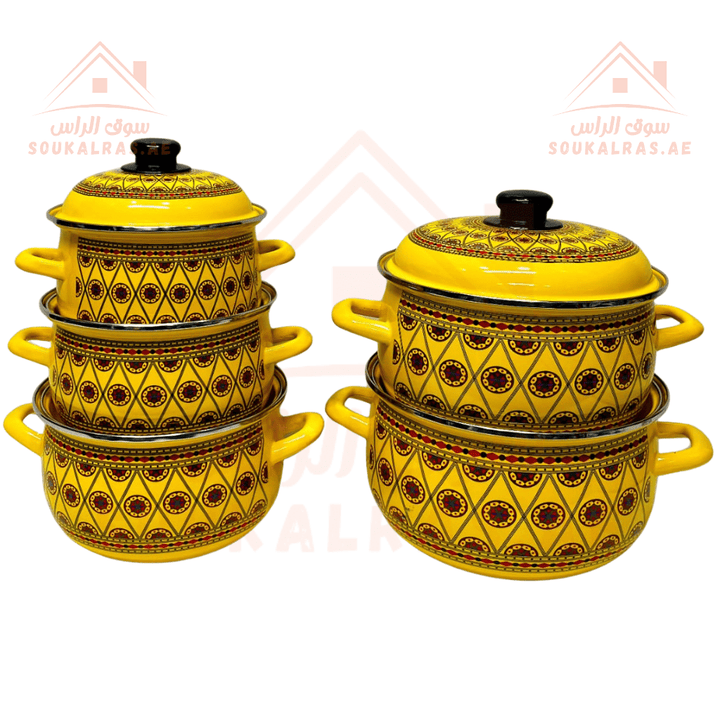 Omega 1 Cookware set with traditional designs - Set of 5 pots With Lids (18 - 20 - 22 - 24 - 26) cm - Enamel Non - Stick Coating - Souk Al Ras