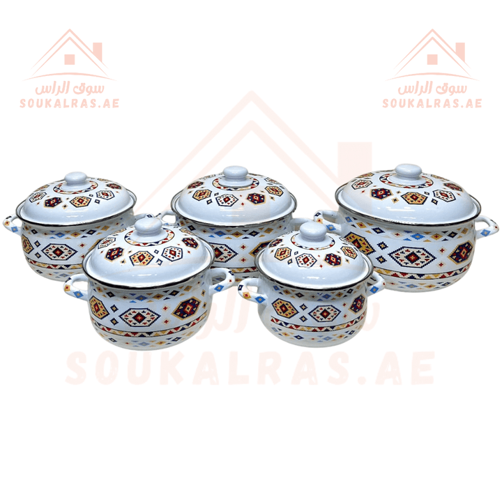 Omega 1 Cookware set with traditional designs - Set of 5 pots With Lids (18 - 20 - 22 - 24 - 26) cm - Enamel Non - Stick Coating - Souk Al Ras