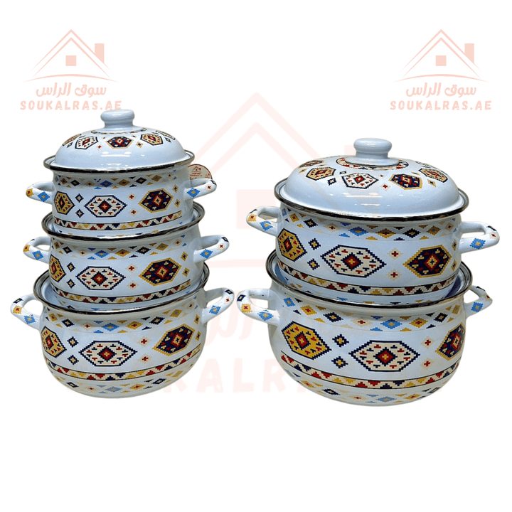 Omega 1 Cookware set with traditional designs - Set of 5 pots With Lids (18 - 20 - 22 - 24 - 26) cm - Enamel Non - Stick Coating - Souk Al Ras