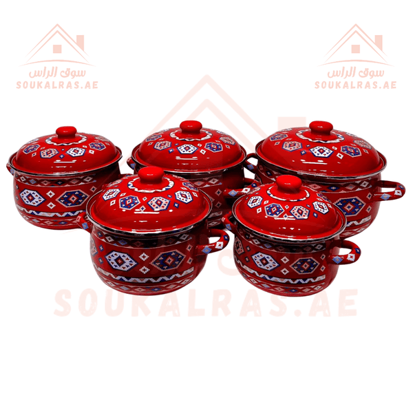 Omega 1 Cookware set with traditional designs - Set of 5 pots With Lids (18 - 20 - 22 - 24 - 26) cm - Enamel Non - Stick Coating - Souk Al Ras