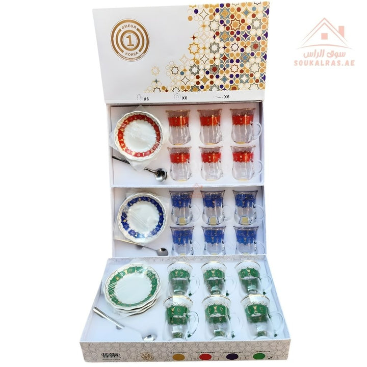 Omega Traditional Tea Set | 18 - Piece Tea Glass Set| Elegant Gold Design | Perfect for hospitality, majlis, and gifting - Souk Al Ras