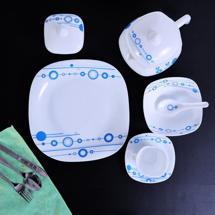 Opal Hard Square Dinner Set, White - Blue 97 Pieces - Souk Al RasDinnerware Sets