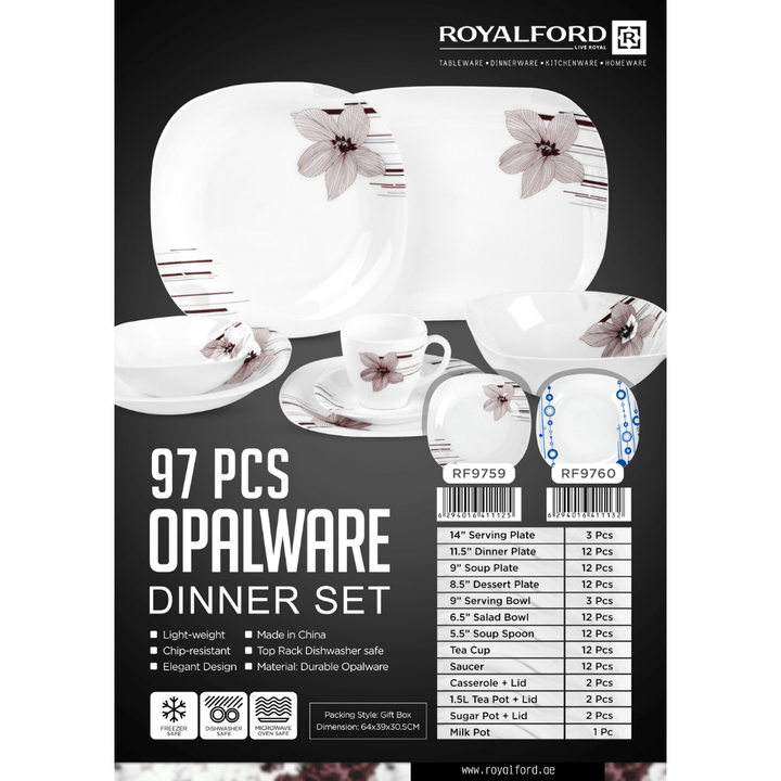 Opal Ware Dinner Set - Floral Design Plates, Bowls, Spoons, Cup & Saucer Tea Pot 97 Piece - Souk Al RasDinnerware Sets