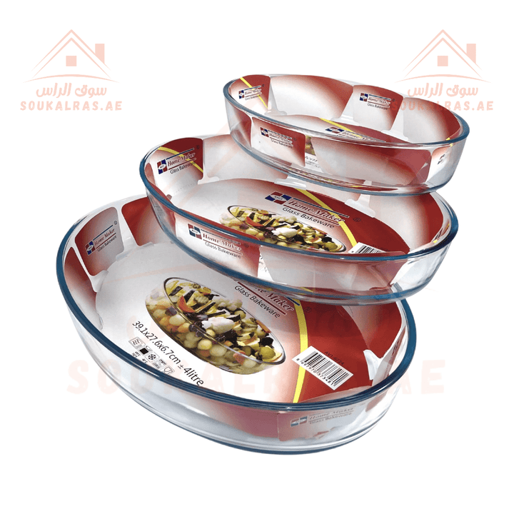 Oval Glass 3 Pieces Baking Trays Set | 4L + 3.2L + 2.4L | Premium Glass Bakeware Set | Ideal for Oven Baking |Made in turkey - Souk Al RasBakeware