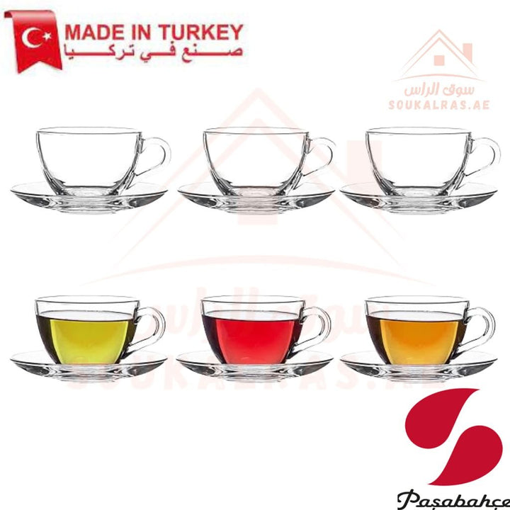 Pasabahce Basic 12 - Piece Cup & Saucer Set | 238 ml Glass Tea & Coffee Cups | Elegant Drinkware - Souk Al Ras