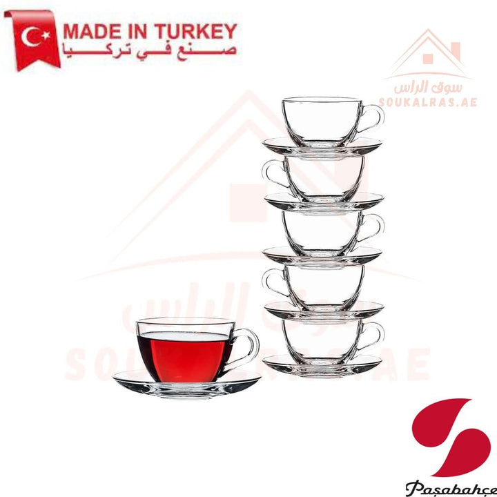 Pasabahce Basic 12 - Piece Cup & Saucer Set | 238 ml Glass Tea & Coffee Cups | Elegant Drinkware - Souk Al Ras