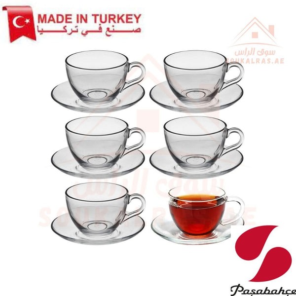 Pasabahce Basic 12 - Piece Cup & Saucer Set | 238 ml Glass Tea & Coffee Cups | Elegant Drinkware - Souk Al Ras