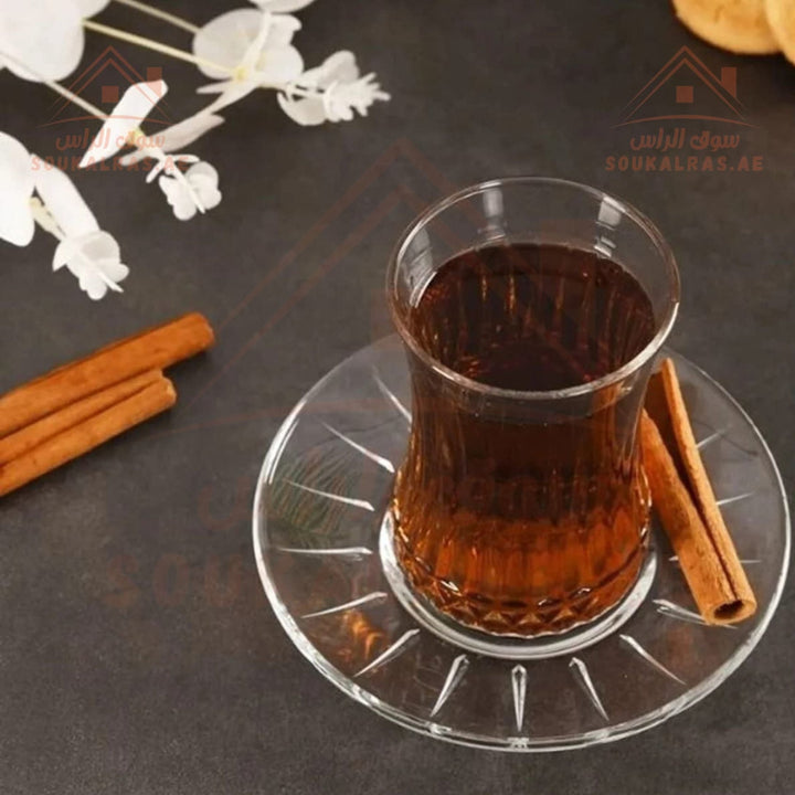 Pasabahce Elysia Tea Glass & Saucer Set 12 Piece - Perfect Capacity 170 ml - Versatile Use| Elegant Tempered Glass Design - Souk Al Ras