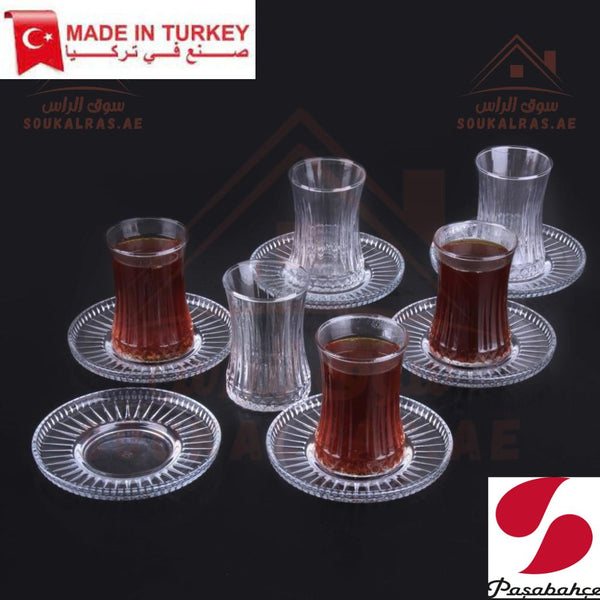 Pasabahce Elysia Tea Glass & Saucer Set 12 Piece - Perfect Capacity 170 ml - Versatile Use| Elegant Tempered Glass Design - Souk Al Ras