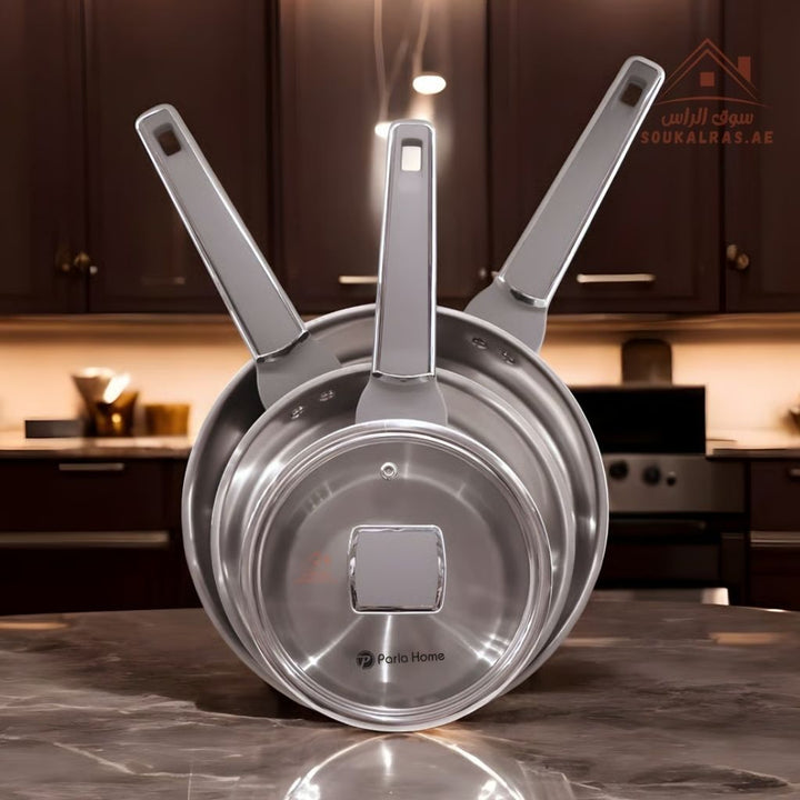 Polo Series 10 - Piece Stainless Steel Cookware Set(16 - 20 - 20 - 24 - 24 - 28cm) | 3 Casseroles, 1 Saucepan & 2 Frying Pans | Premium Durable Kitchen Cookware - Souk Al Ras