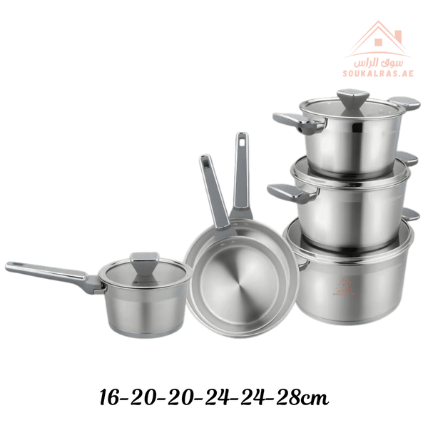 Polo Series 10 - Piece Stainless Steel Cookware Set(16 - 20 - 20 - 24 - 24 - 28cm) | 3 Casseroles, 1 Saucepan & 2 Frying Pans | Premium Durable Kitchen Cookware - Souk Al Ras