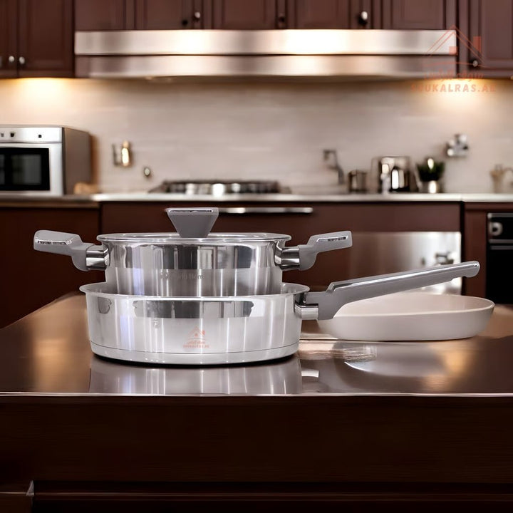 Polo Series 10 - Piece Stainless Steel Cookware Set(16 - 20 - 20 - 24 - 24 - 28cm) | 3 Casseroles, 1 Saucepan & 2 Frying Pans | Premium Durable Kitchen Cookware - Souk Al Ras