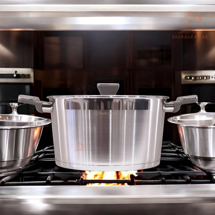 Polo Series 10 - Piece Stainless Steel Cookware Set(16 - 20 - 20 - 24 - 24 - 28cm) | 3 Casseroles, 1 Saucepan & 2 Frying Pans | Premium Durable Kitchen Cookware - Souk Al Ras