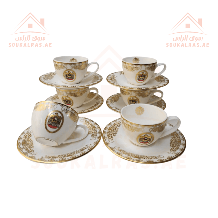 Premium 21 - Piece Full Serving Set Tea & Arabic coffee cups, serving Rectangular tray, serving plates, serving Dates plate, with UAE Flag - Premium Quality - Souk Al RasDinnerware & Serveware