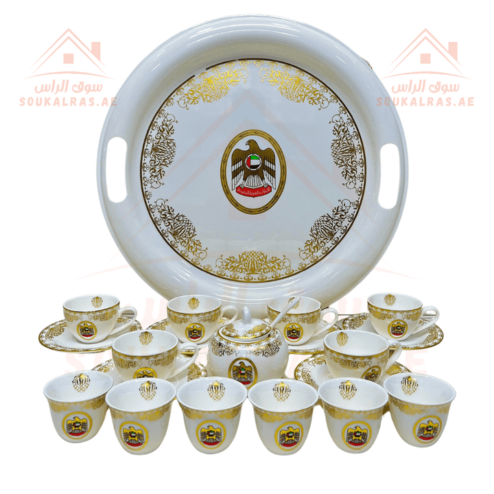 Premium 22 - Piece Full Serving Set Tea & Arabic coffee cups, serving circle tray, serving plates, with UAE Flag - Premium Quality - Souk Al RasDinnerware & Serveware