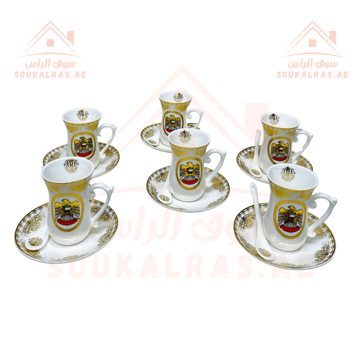 Premium 28 - Piece Full Serving Set Istikana Tea cups set & Arabic coffee cups, serving circle tray, serving plates, with UAE Flag - Premium Quality - Souk Al RasDinnerware & Serveware