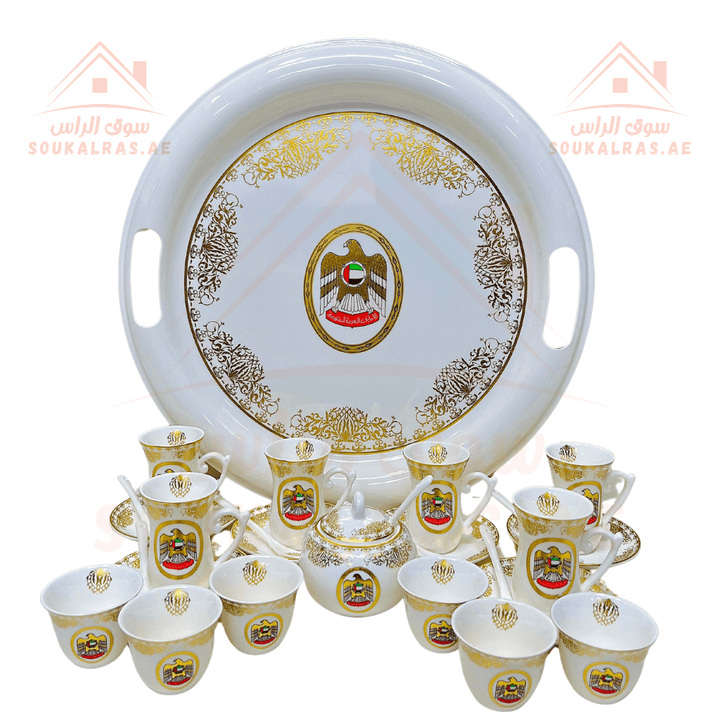 Premium 28 - Piece Full Serving Set Istikana Tea cups set & Arabic coffee cups, serving circle tray, serving plates, with UAE Flag - Premium Quality - Souk Al RasDinnerware & Serveware