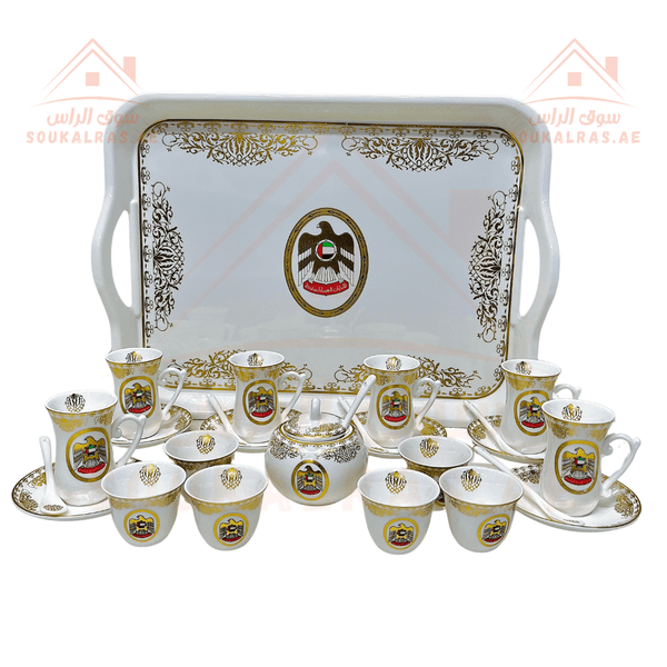 Premium 28 - Piece Full Serving Set Istikana Tea cups set & Arabic coffee cups, serving Rectangular tray, serving plates, with UAE Flag - Premium Quality - Souk Al RasDinnerware & Serveware