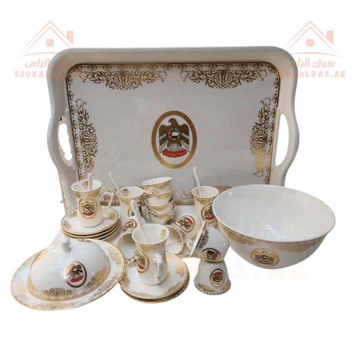 Premium 60 - Piece Full Serving Set Dallah, coffee , karak , Tea & Arabic coffee cups, serving trays, serving plates, with UAE Flag - Premium Quality - Souk Al RasDinnerware & Serveware