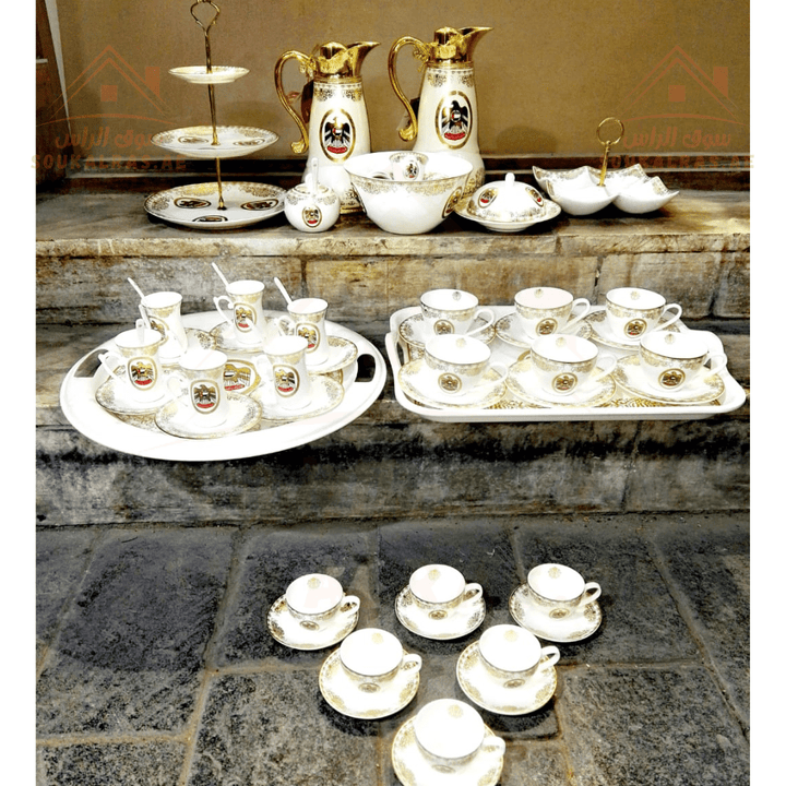 Premium 60 - Piece Full Serving Set Dallah, coffee , karak , Tea & Arabic coffee cups, serving trays, serving plates, with UAE Flag - Premium Quality - Souk Al RasDinnerware & Serveware