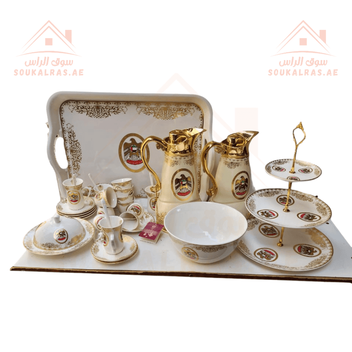 Premium 60 - Piece Full Serving Set Dallah, coffee , karak , Tea & Arabic coffee cups, serving trays, serving plates, with UAE Flag - Premium Quality - Souk Al RasDinnerware & Serveware