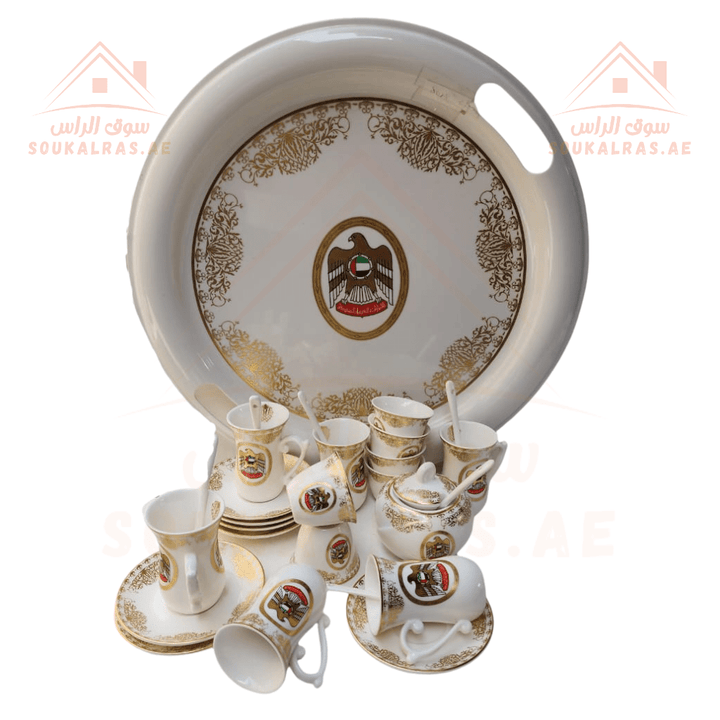 Premium 60 - Piece Full Serving Set Dallah, coffee , karak , Tea & Arabic coffee cups, serving trays, serving plates, with UAE Flag - Premium Quality - Souk Al RasDinnerware & Serveware