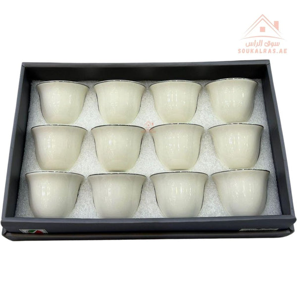 Premium Arabic Coffee Cups – 12 Pieces | Elegant Silver Rim | Heat - Resistant Porcelain Cawa Cups, Perfect for daily majlis use, guests, gatherings - Souk Al Ras