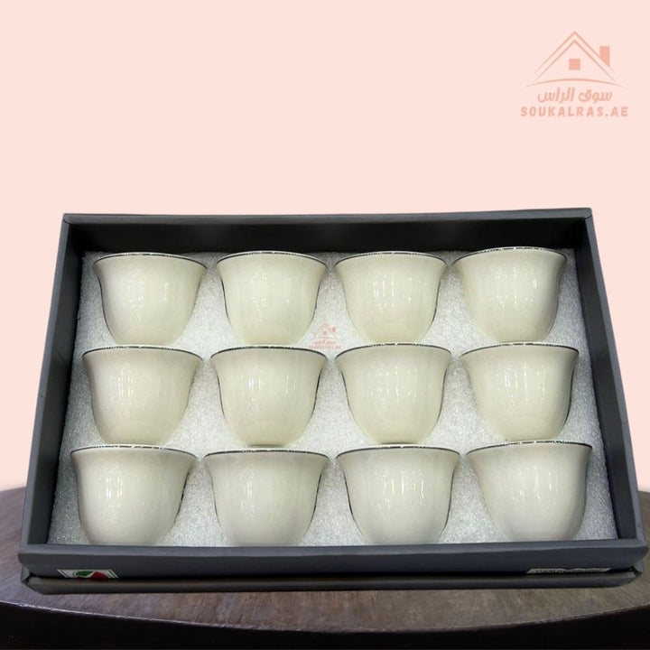 Premium Arabic Coffee Cups – 12 Pieces | Elegant Silver Rim | Heat - Resistant Porcelain Cawa Cups, Perfect for daily majlis use, guests, gatherings - Souk Al Ras