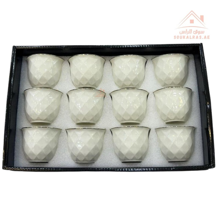 Premium Arabic Coffee Cups Set – 12 Pcs | Elegant Diamond Design Gahwa Cups | Durable & Heat - Resistant | Perfect for Daily Use & Guests - Souk Al Ras