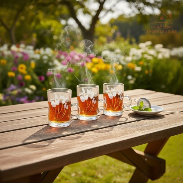 Premium Glass Tea Cup Set of 3 with Handle | Elegant Design for Arabic & Karak Tea | Heat - Resistant - Souk Al Ras