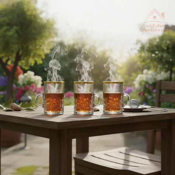 Premium Glass Tea Cup Set of 3 with Handle | Golden Rim | Elegant Design for Arabic & Karak Tea | Heat - Resistant - Souk Al Ras