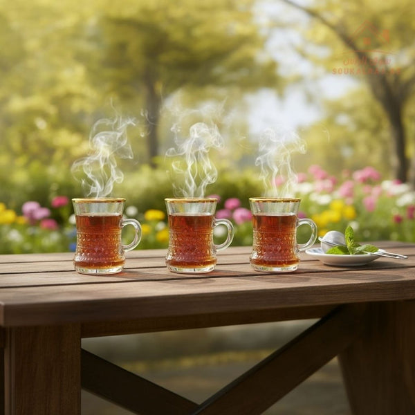 Premium Glass Tea Cup Set of 3 with Handle | Golden Rim | Elegant Design for Arabic & Karak Tea | Heat - Resistant - Souk Al Ras