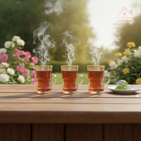 Premium Glass Tea Cup Set of 3 with Handle | Golden Rim | Elegant Design for Arabic & Karak Tea | Heat - Resistant - Souk Al Ras